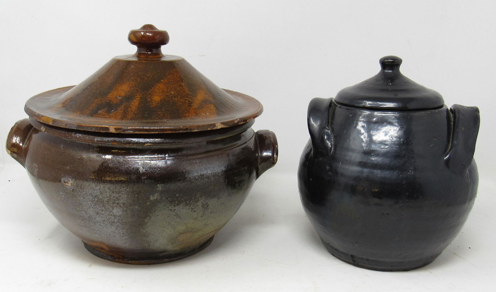 Redware Lidded Pot & Pottery Jar: Pot on left is approx 9" in diameter and 10" tall.