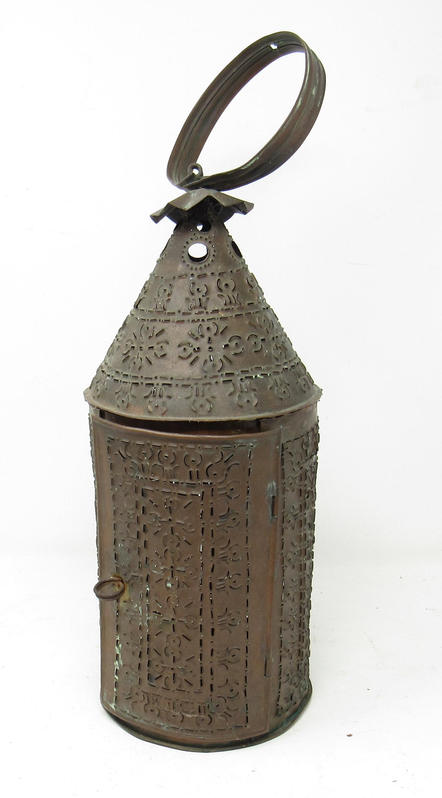 Pierced Copper Lantern: Approx 5 5/8" in diameter and 17 3/4" tall