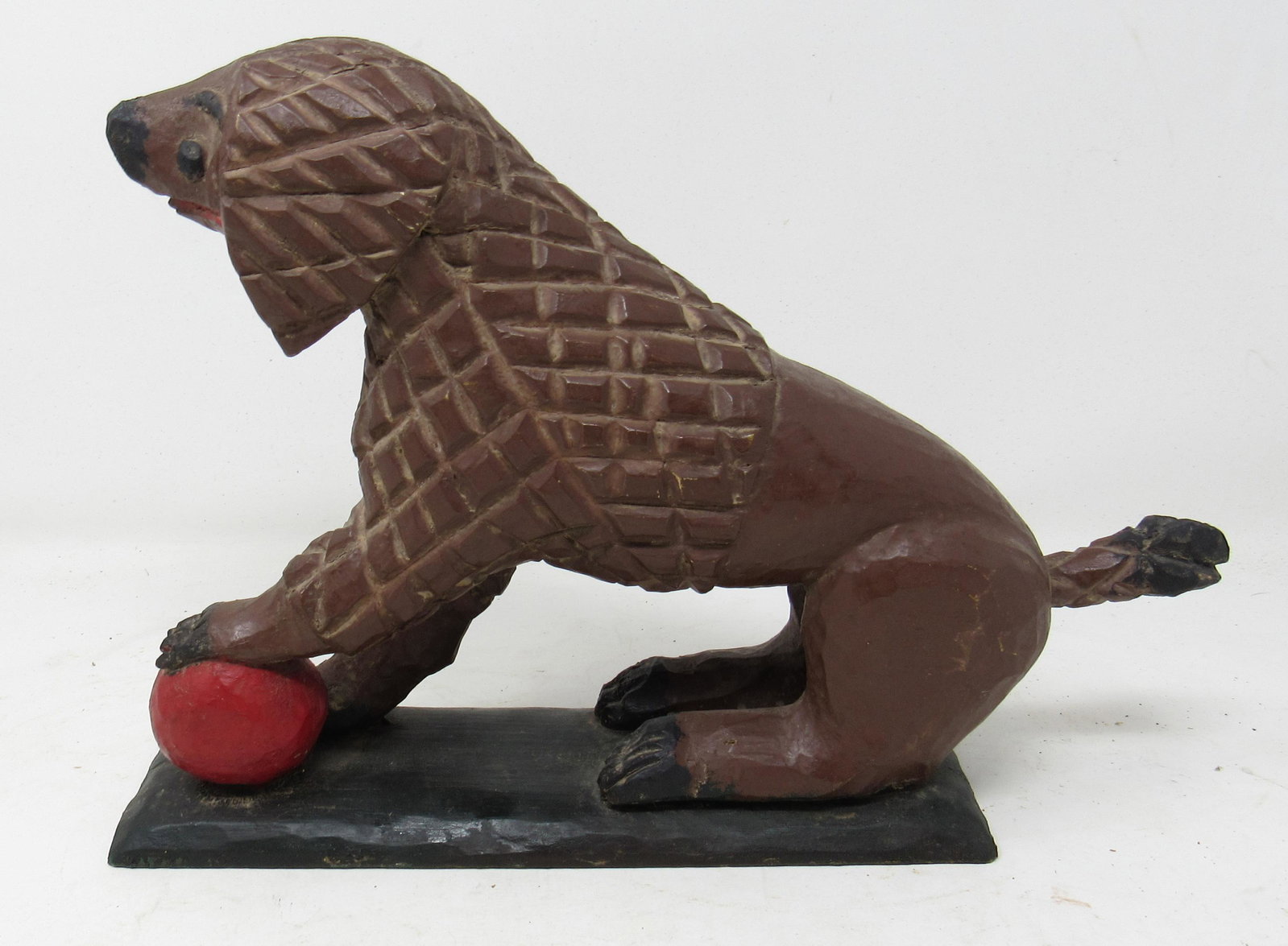 Robert Stauffer Wood Carved Dog with Ball Signed: Approx 12" long and 8 1/2" tall