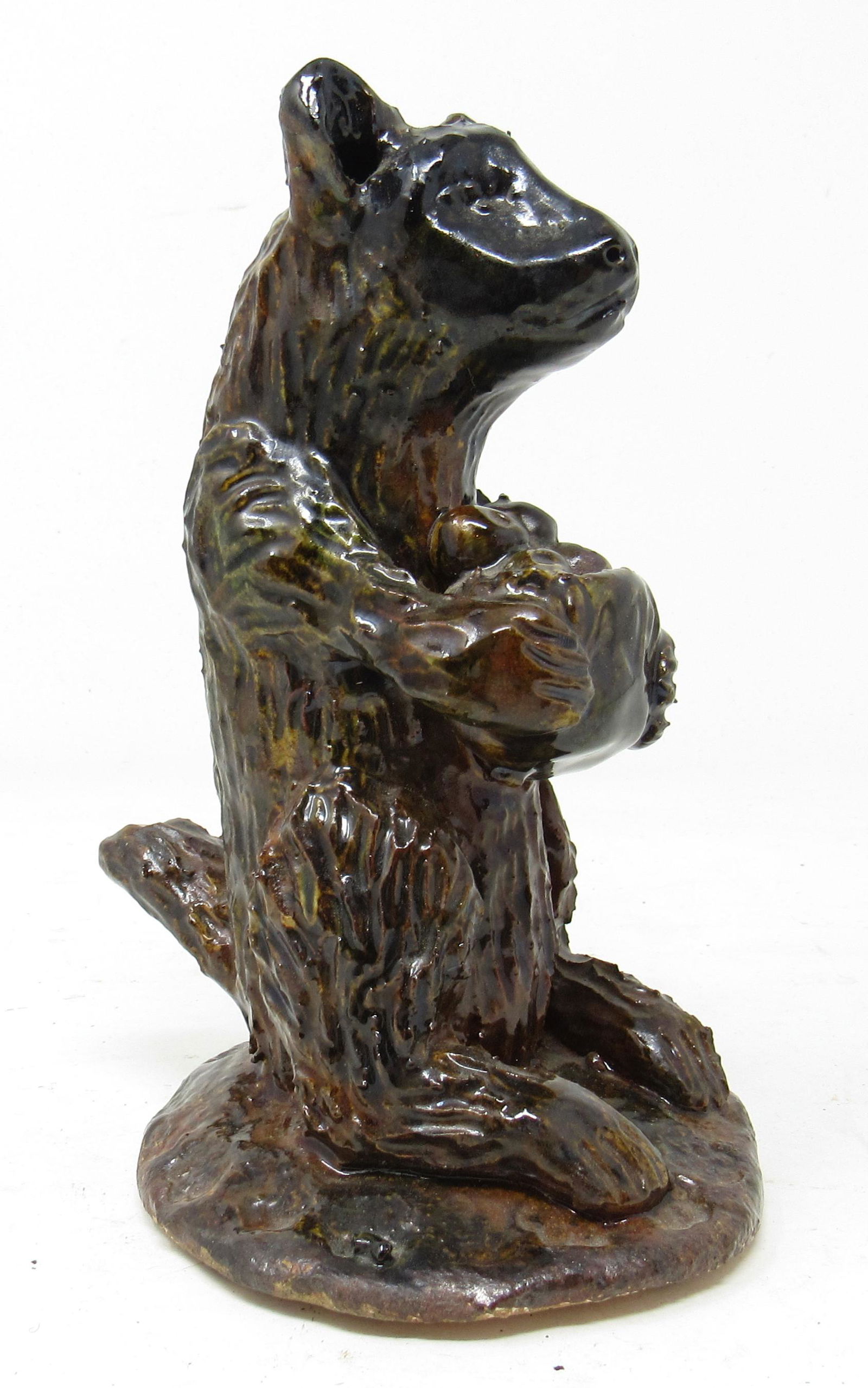 Glazed Redware Robert Stauffer Bear with Apples: Approx 6 3/4" tall.