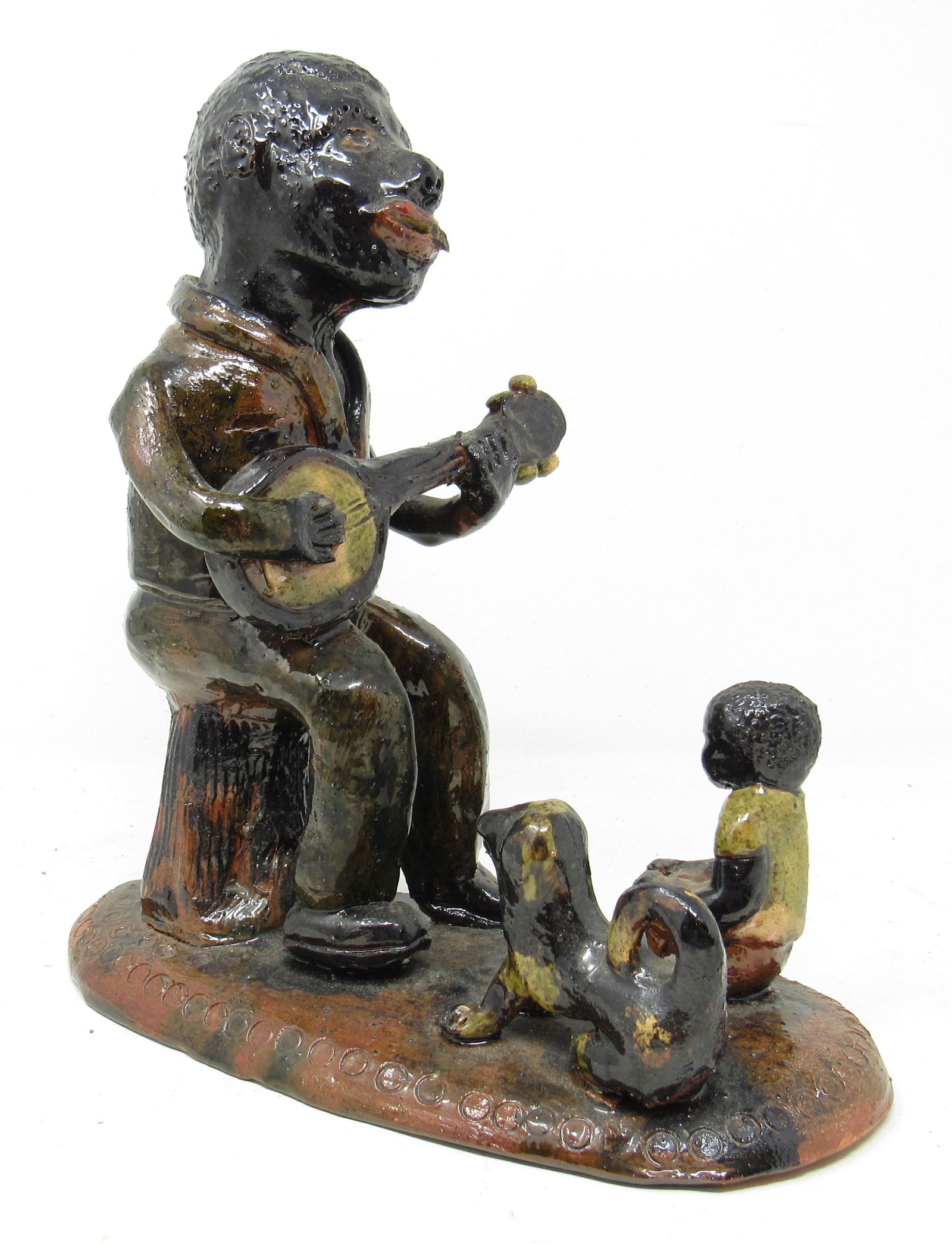 Black Americana Playing Banjo Redware Pottery Stauffer: Approx 4 1/4" x 8 3/4" x 10" tall
