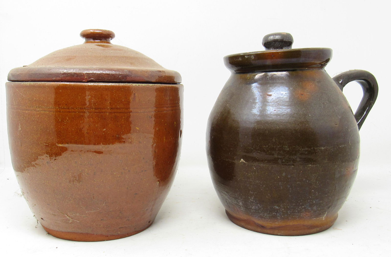 Redware Pottery Crock and Bean Pot: Crock is approx 7 1/2" in diameter and 9 3/4" tall.