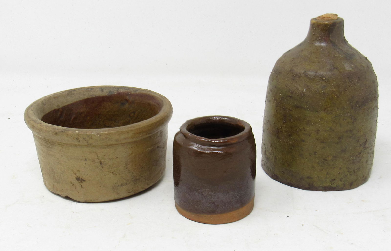 Miniature Stoneware Redware Pottery Jug and Crocks: Jug is apprx 4" tall
