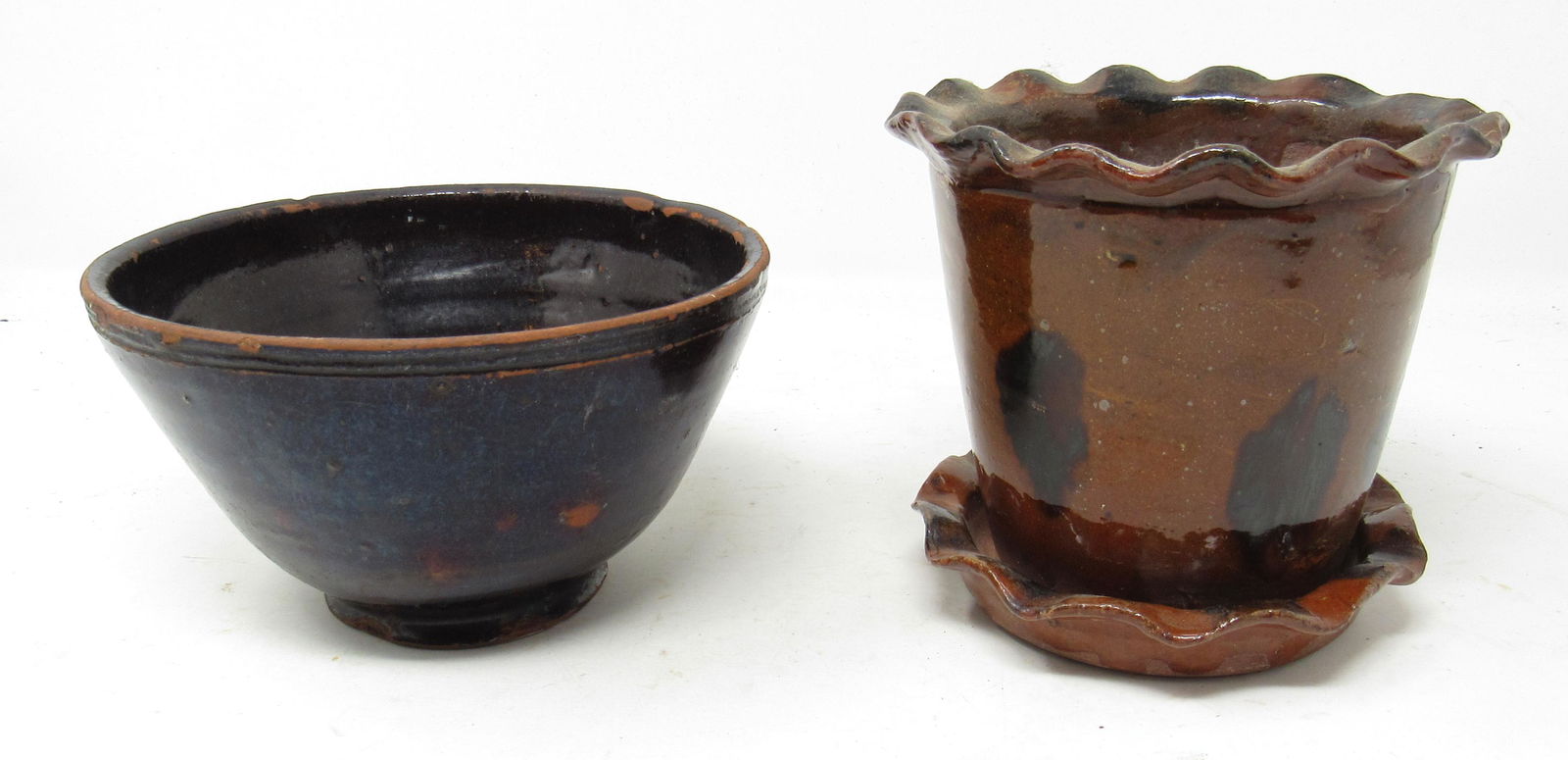 Redware Planter and Mixing Bowl: Planter is approx 4 7/8" tall and 5 3/8" in diameter.