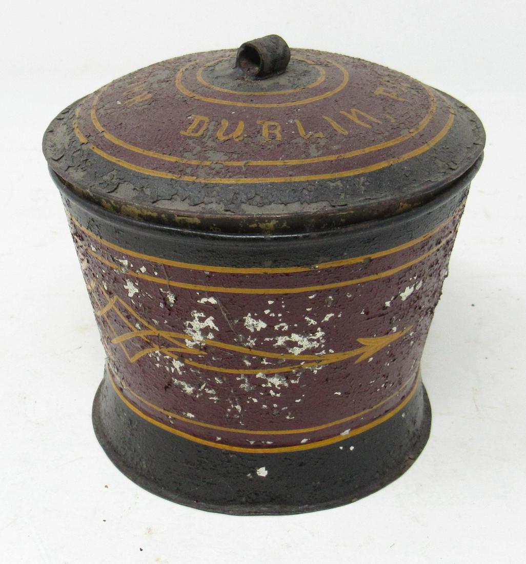 Paint Decorated Tin Hannah German Dublin PA: Approx 4" in diameter and 4" tall.