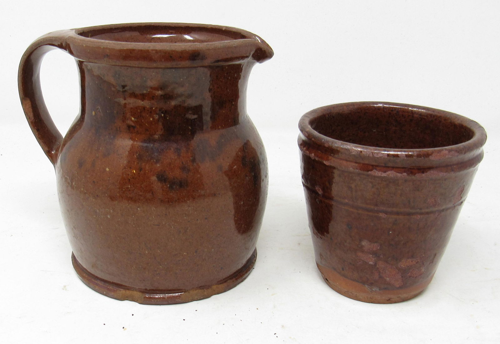 Redware Pitcher and Planter: Pitcher is approx 5 1/4" tall