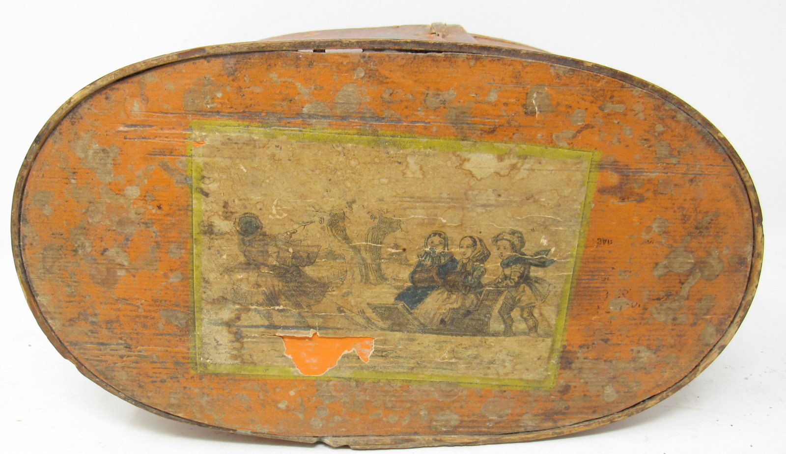 Firkin in Orange Paint with Kids Sleigh Riding Label: Approx 6" x 10 3/4" x 4 3/4" tall.