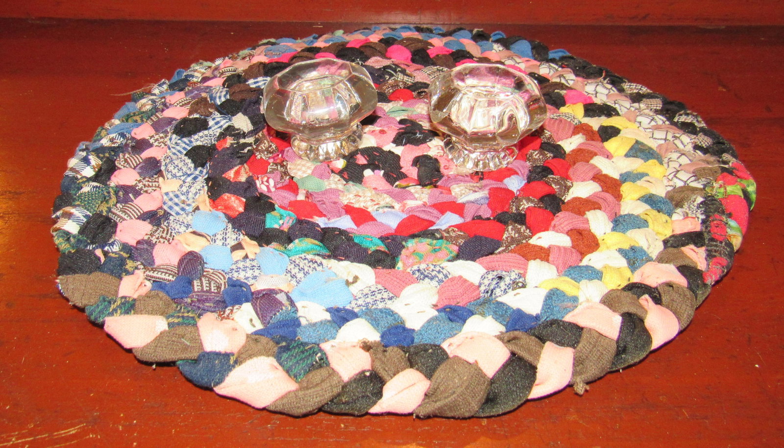 2 Glass Door Knobs and Braided Chair Pad: Chair pad is approx 12 1/2" in diameter