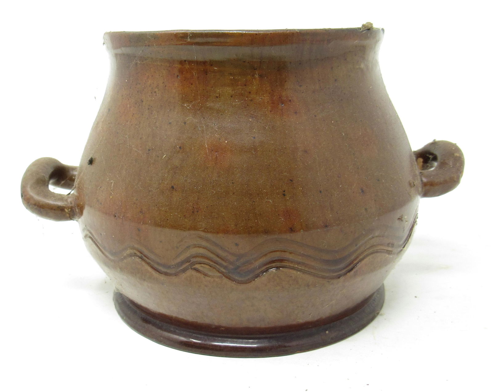 2 Handled Redware Jar: Approx 7" handle to handle and 4 1/2" tall.