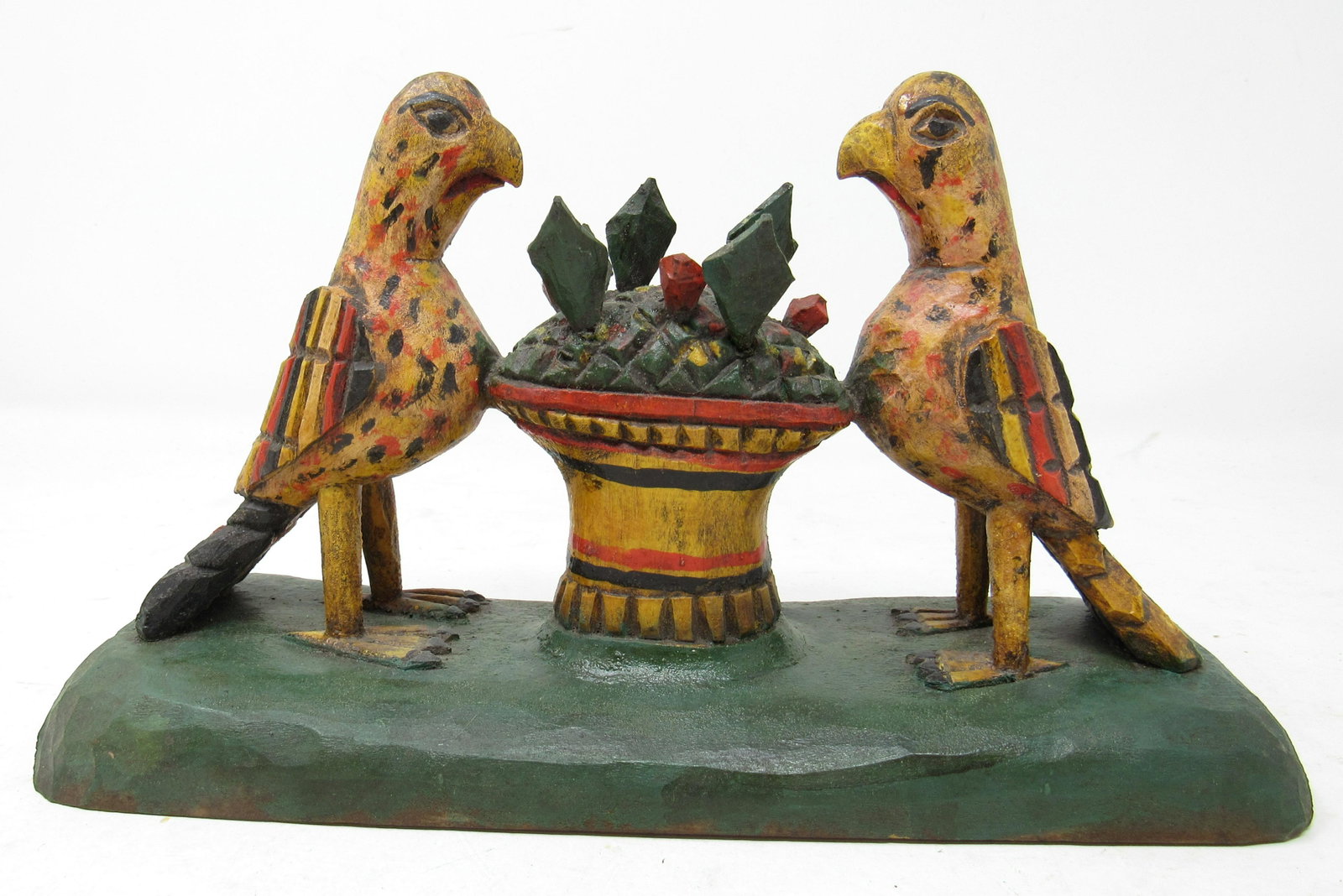 Wood Bird Carvings Att. To Robert Stauffer Schimmel: Approx 3" x 9 1/2" x 5 1/2" tall. This is not signed. It is attributed to Stauffer