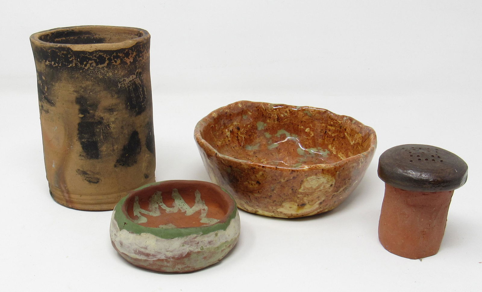 Redware Cup Bowl Shaker: Cup is approx 4 3/4" tall.