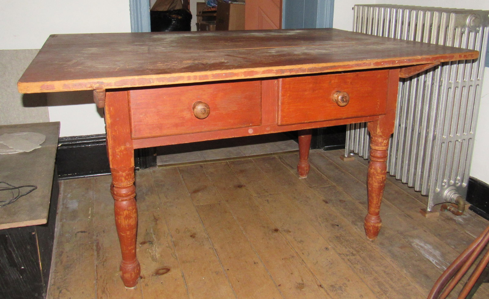 2 Drawer Red Painted Tavern Table: Approx 37 1/2" x 51 1/2" x 28 3/4" tall.