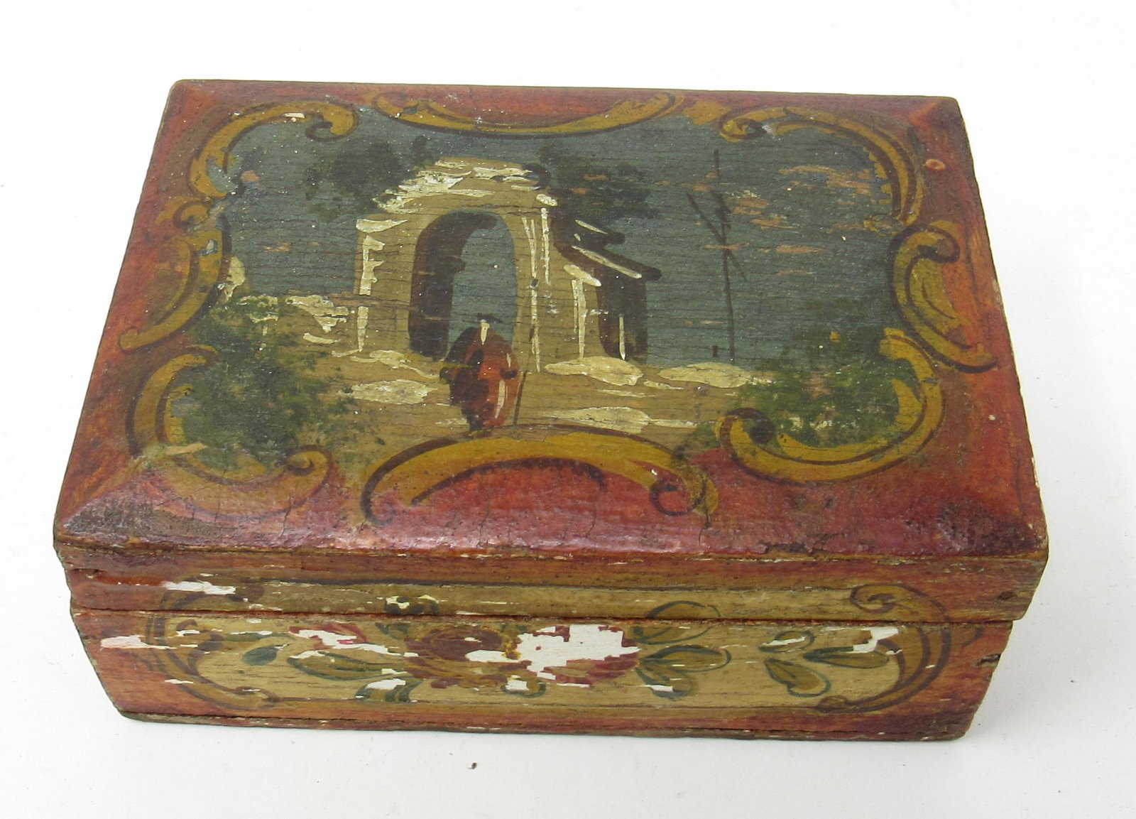 Paint Decorated Trinket Box with Pin Hinges: Approx 3 1/2" x 5" x 2 1/4" tall.