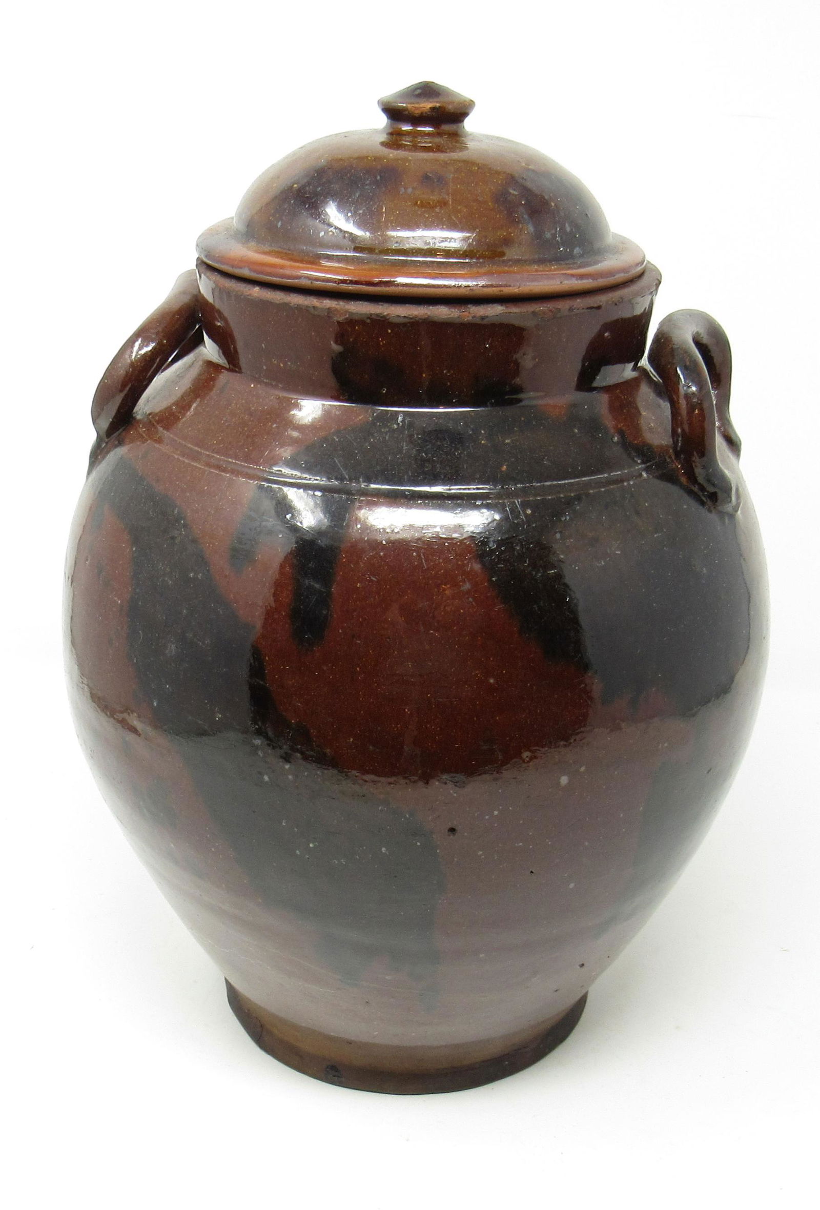 Redware Lidded Jar with Applied Handles: Approx 8" in diameter and 12 1/4" tall.