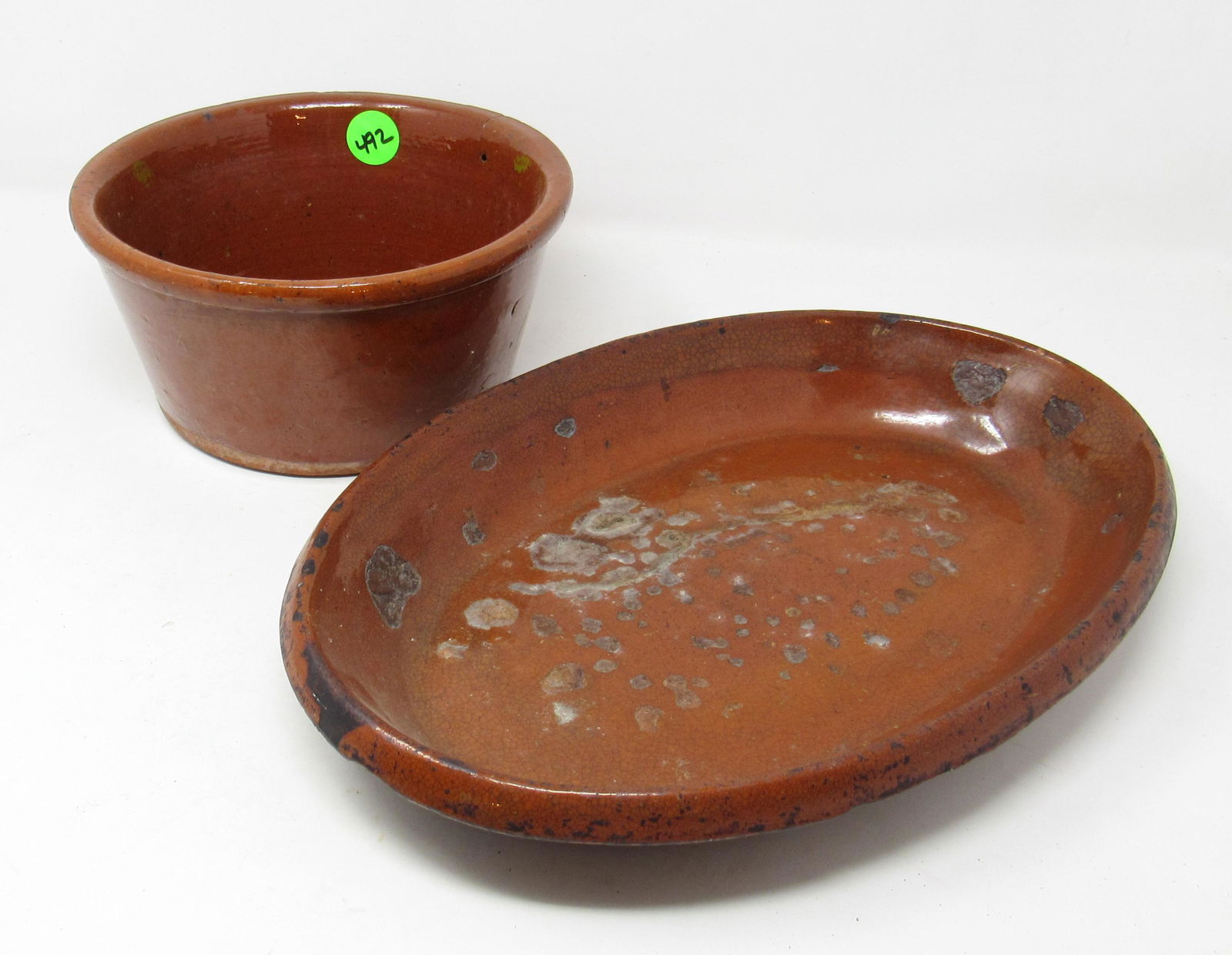 Redware Bowl and Oval Platter: Platter is approx 9 1/2" x 13 5/8" x 2 1/4" tall.