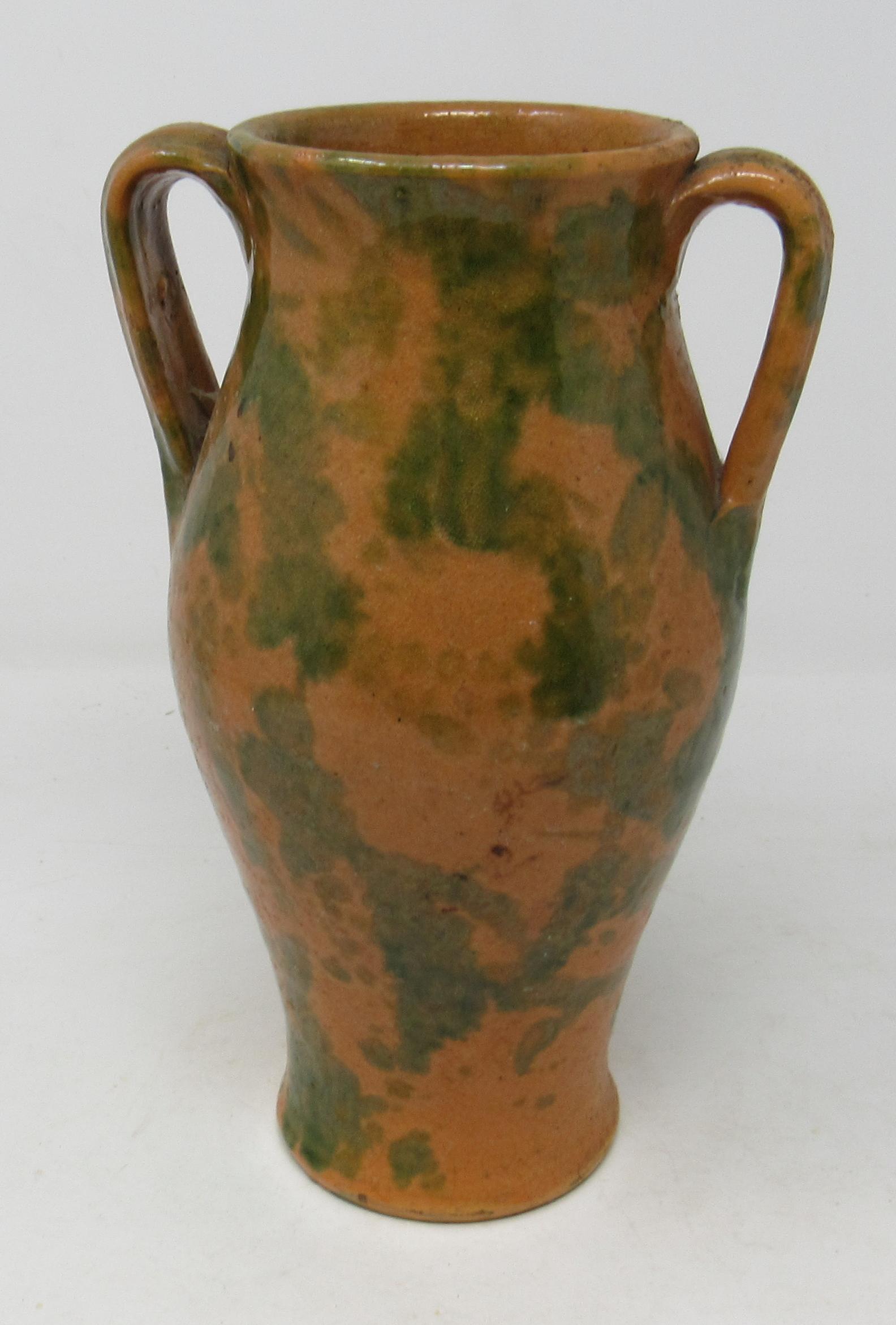 Carolina Pottery Glazed Redware 2 handled Vase: Approx 4 3/4" in diameter and 9"tall.