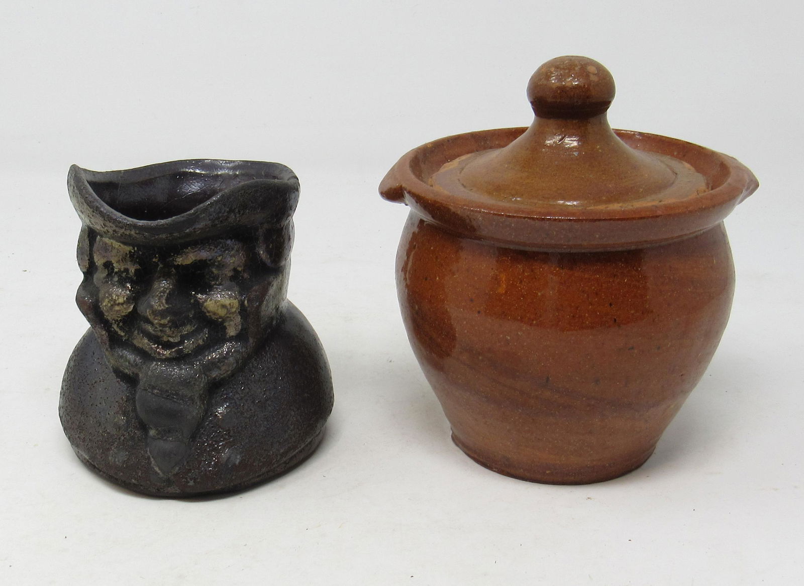 Figural Creamer and Redware Pottery Sugar: Sugar is apprx 4 1/4" in diameter and 5 1/2" tall