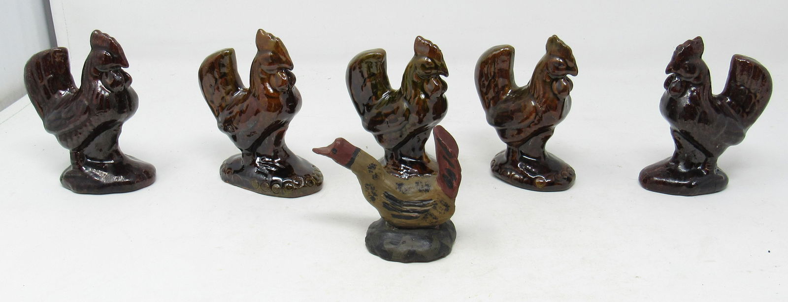 Redware Chickens 2 Signed Stahl 1948: Approx 4 1/4" tall