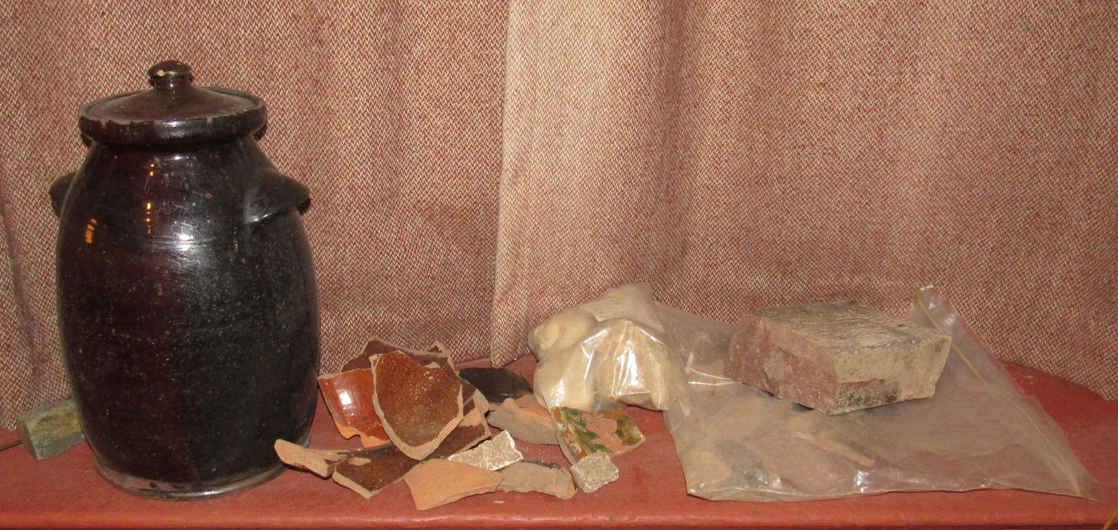 Redware Crock Pottery Pieces Brick & Clay Mortar: Crock is apprx 12" tall