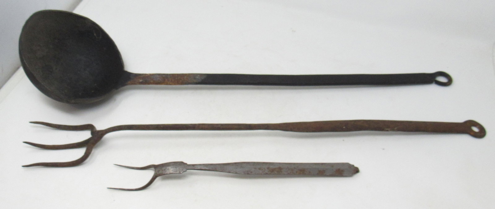 2 Wrought Iron Forks and Ladle: Ladle is approx 25 1/2" long