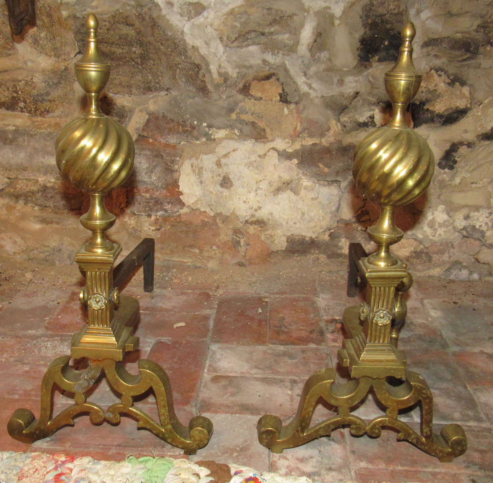 Brass Andirons: Approx 10 1/4" wide, 21" deep, and 21" tall.