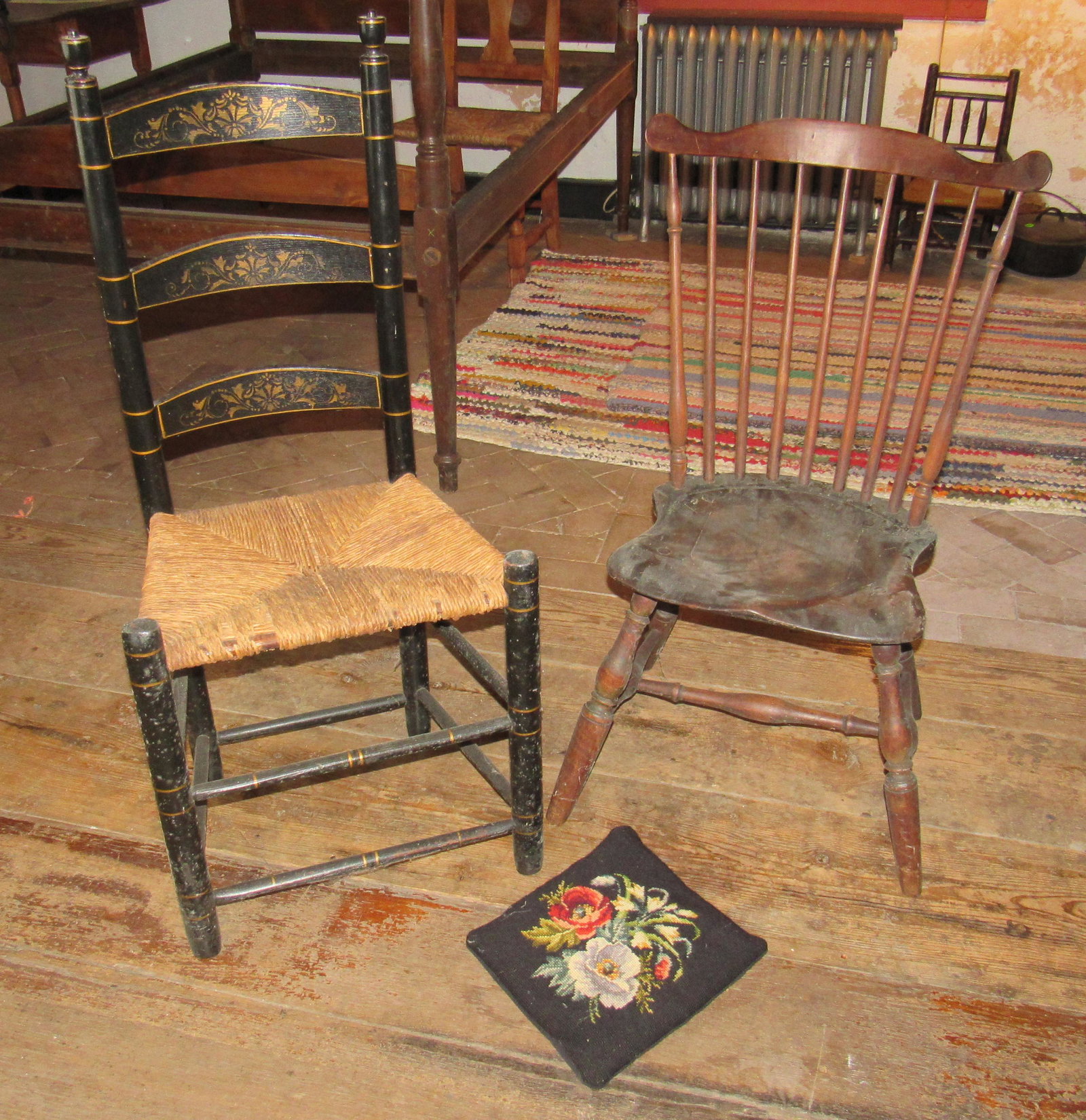 Paint Decorated Ladderback & Old Potty Chair Converted: Chair pad also included.
