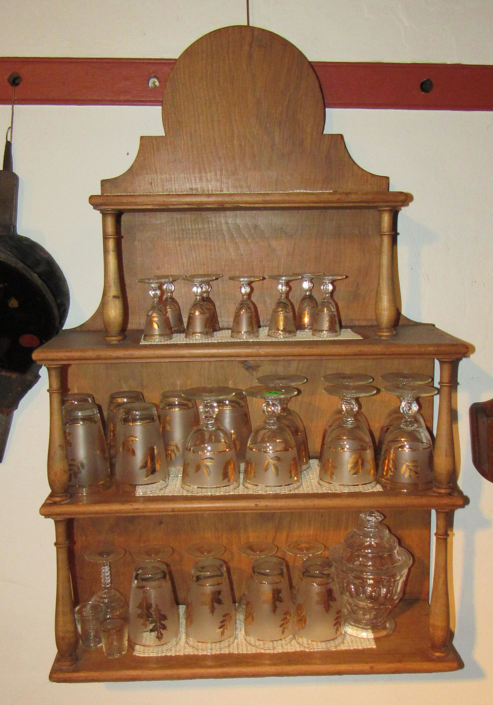 3 Tier Hanging Wall Shelf: Approx 8 1/2" x 22 3/4" x 36" long. DOES NOT INCLUDE GLASSES