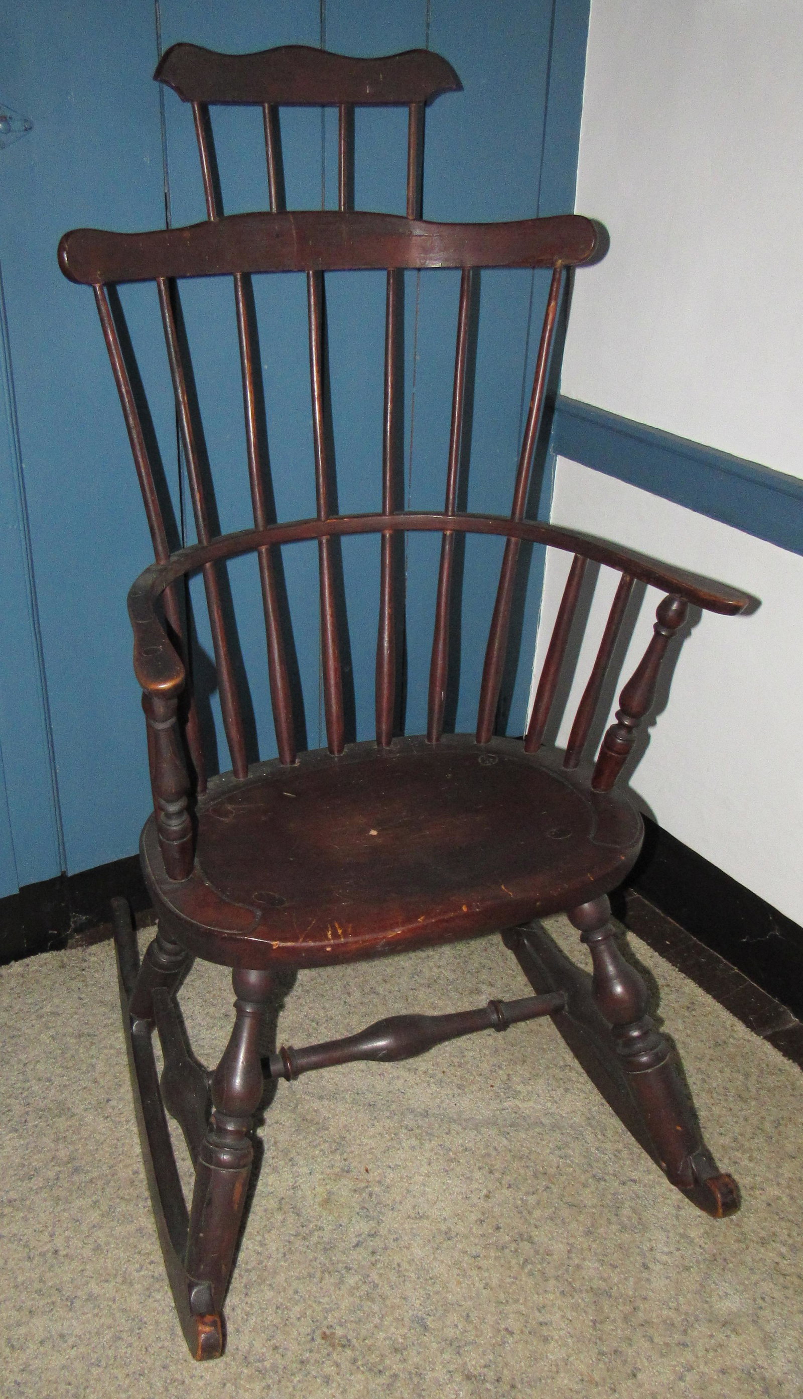 Windsor Style Rocker: Paper written on bottom , was with the chair when we found it. We do not guarantee authenticity. Looks like "JN" could be written in pencil ???
