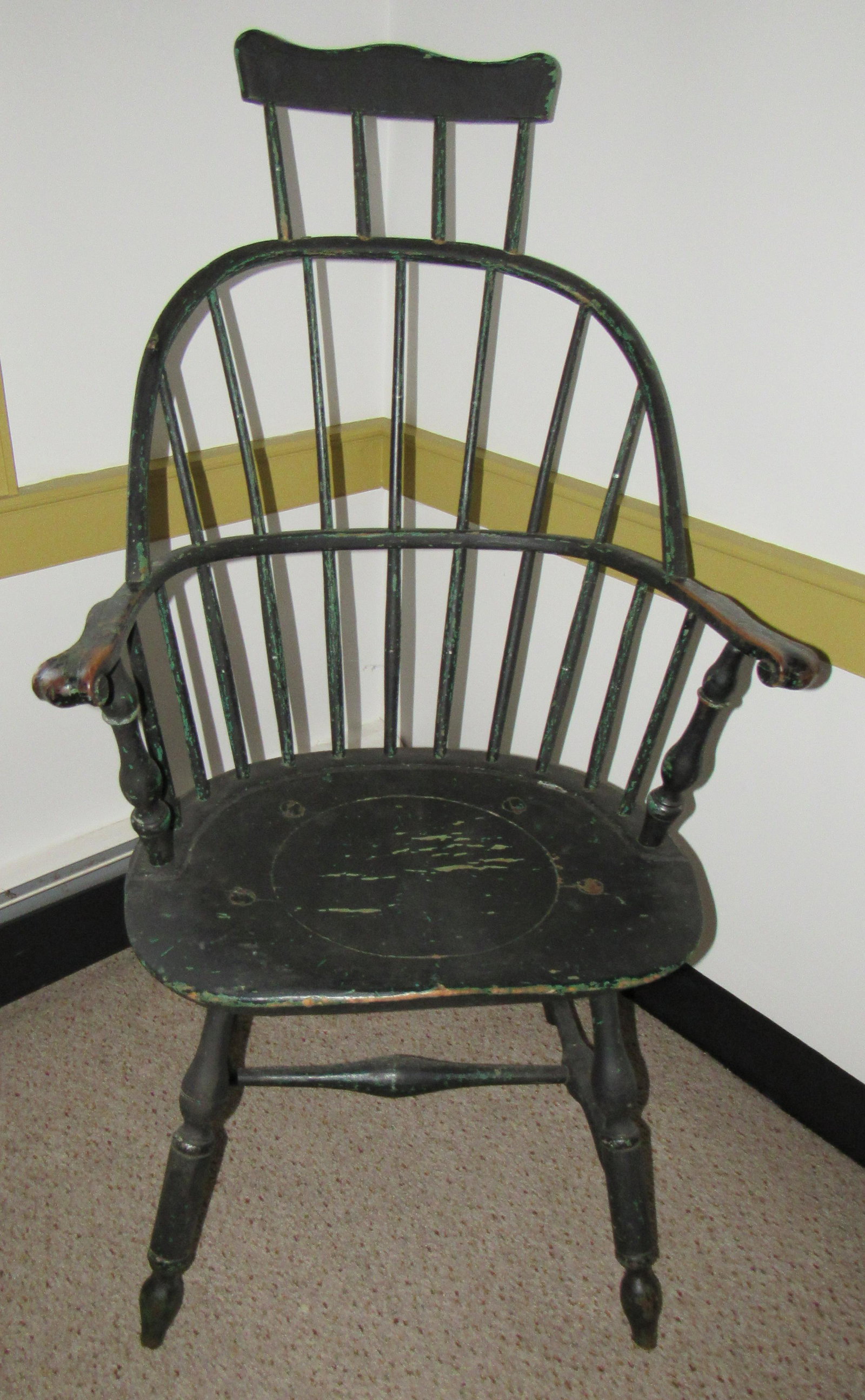 Lancaster Windsor Armchair w/ Blunt Arrow Feet: Green and black paint, converted potty chair.