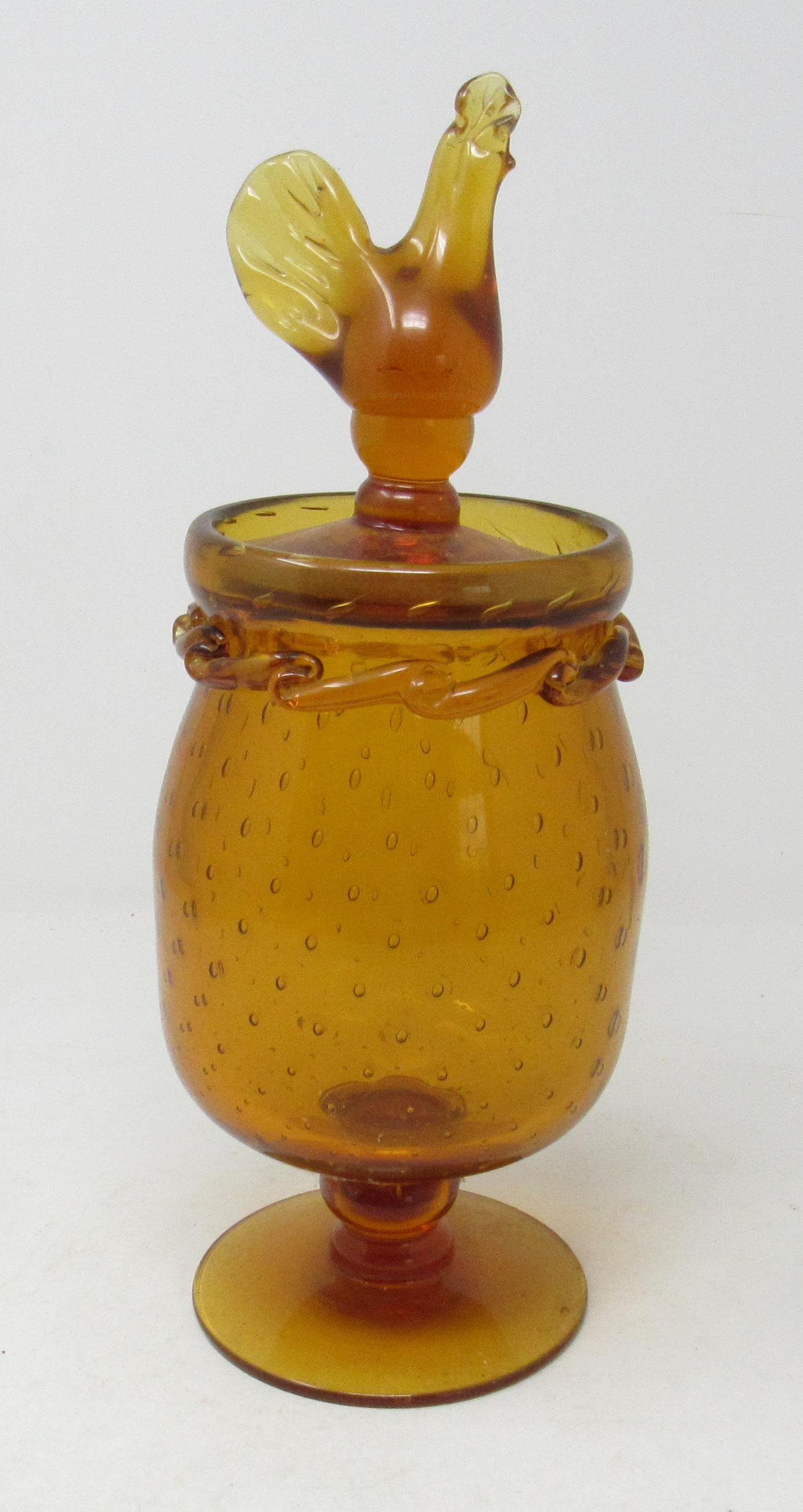 Amber Glass Candy Jar with Chicken on Top: Apprx 4 3/4" in diameter and 12" tall