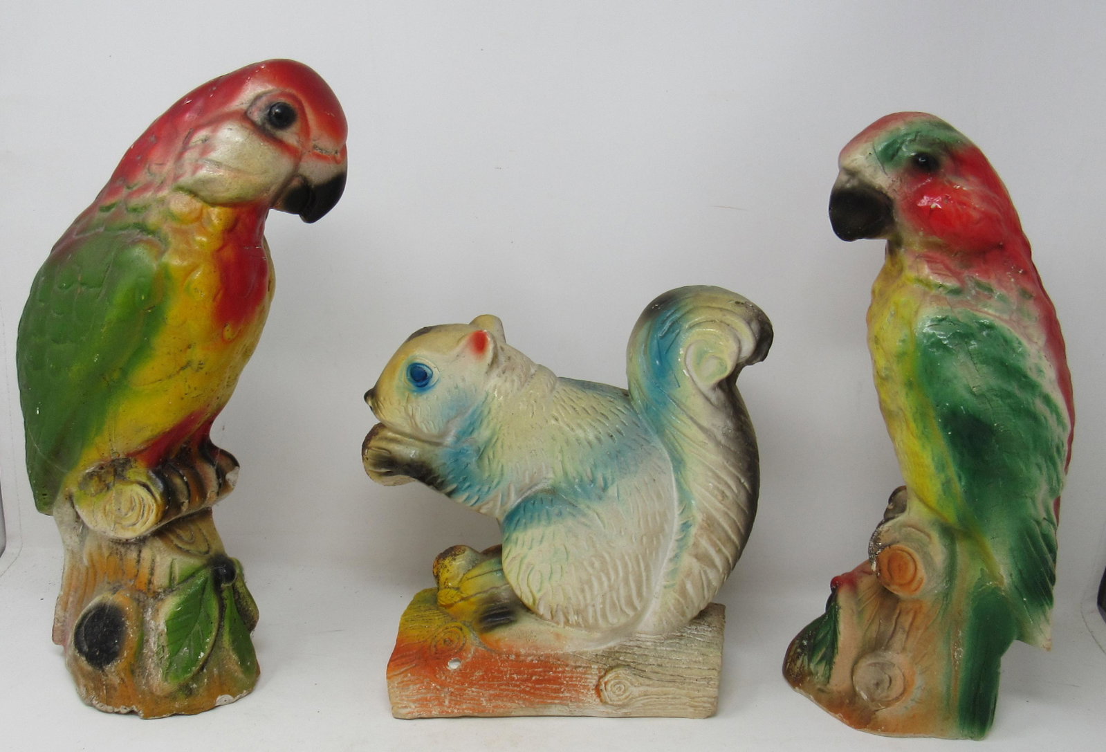 Carnival Chalkware Squirrel and Parrots 1 Bank: One on right is a bank and is approx 13" tall.