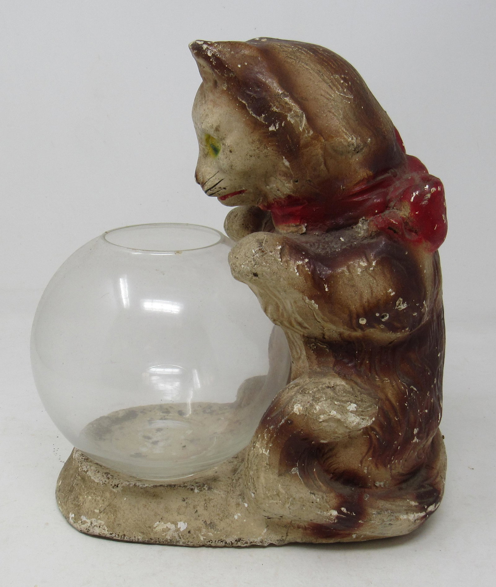 Chalkware Carnival Cat with Fishbowl: Approx 9 1/2" tall.
