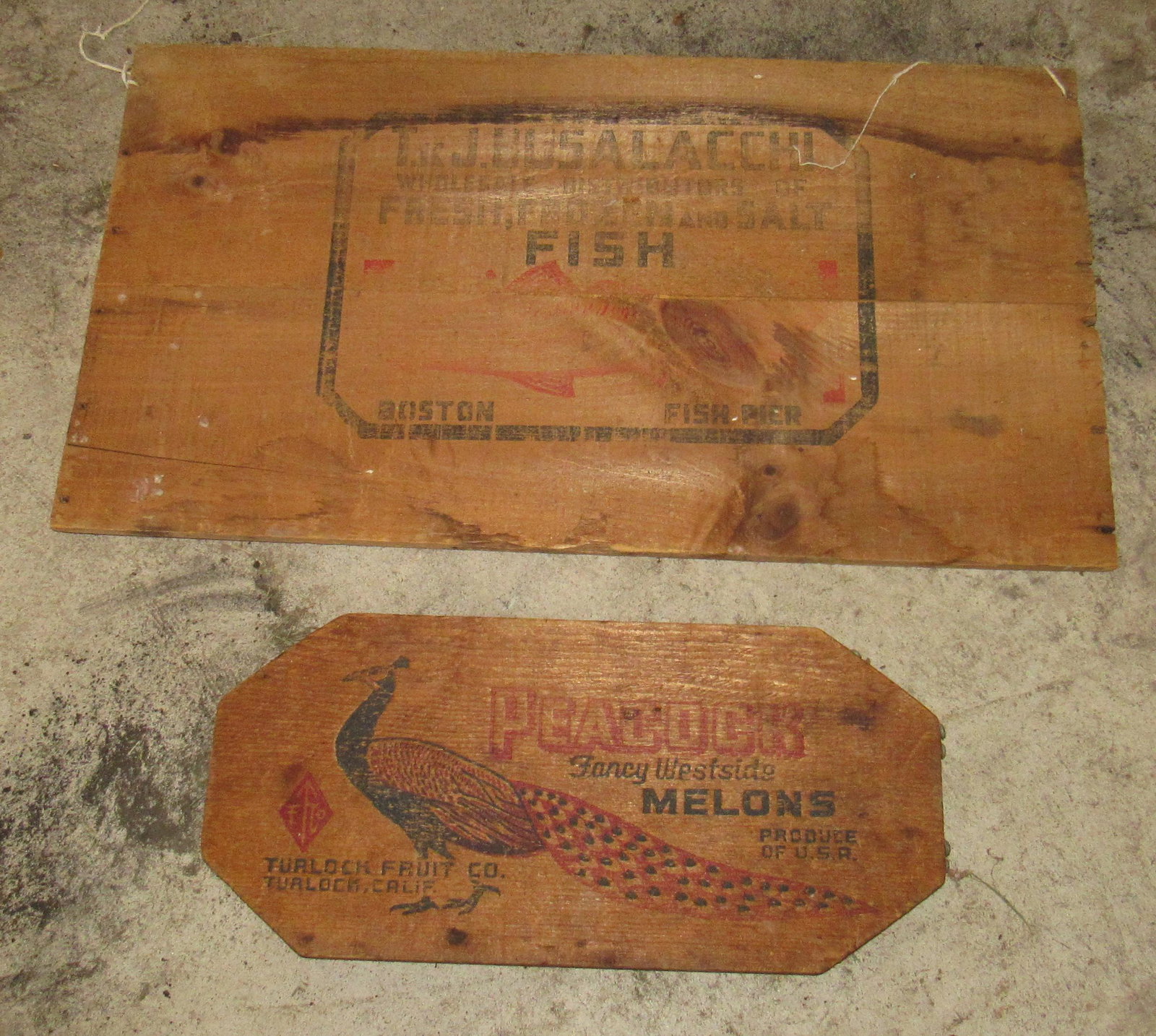 Peacock Melons & Fish Wooden Crate Pieces: Largest is approx 14" x 25"