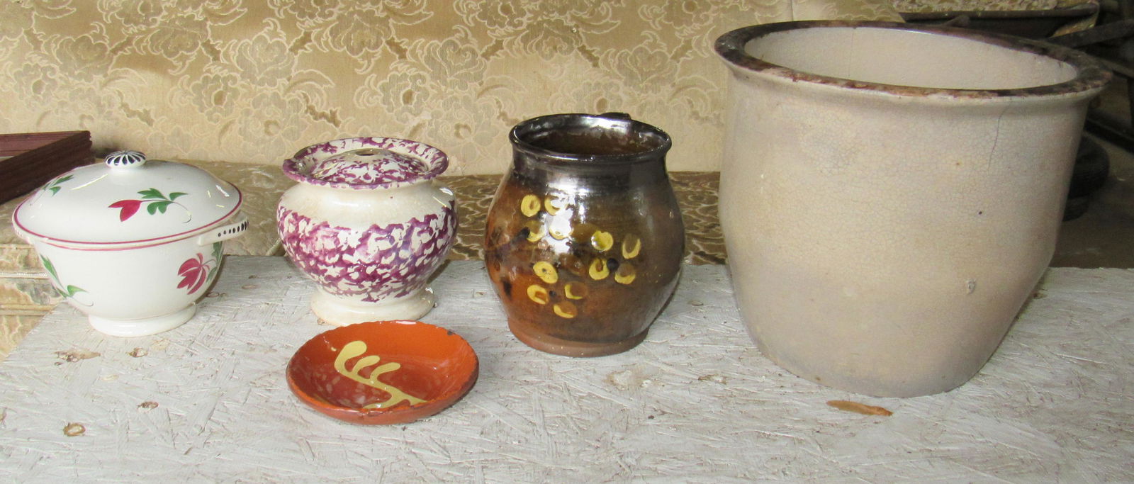 Spongeware Bowl Redware Pitcher Crock: includes all pictured. All have some sort of damage