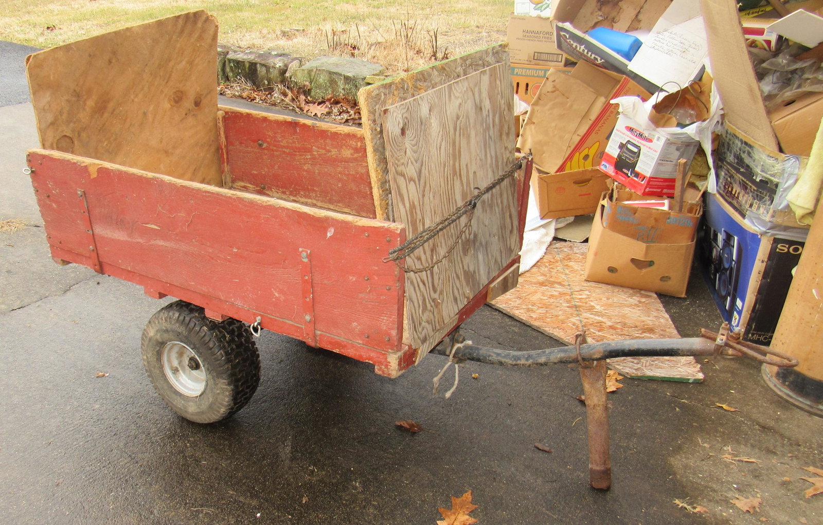 Wooden Cart For Garden Tractor: Body is apprx 30" x 48" x 13 1/2" tall.