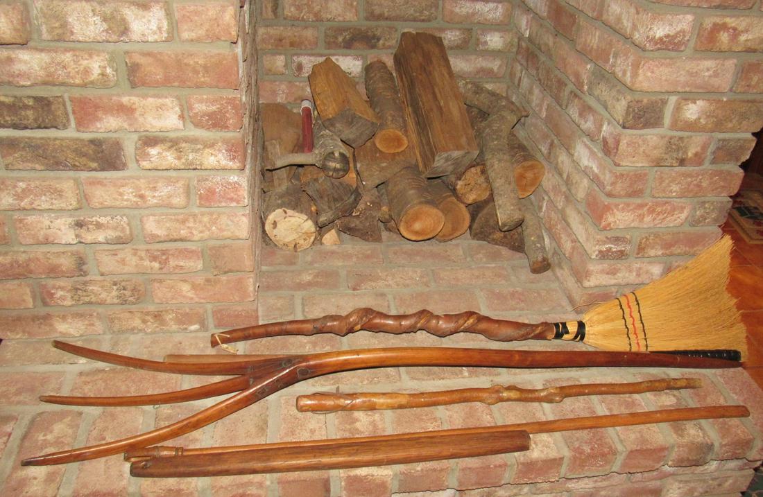 Wooden Hay Rake Walking Stick Broom & Misc: Rake is approx 61" long and has very little damage on one tip. Take what you want and leave the rest