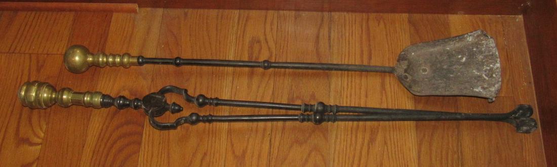 Brass Fireplace Tongs and Shovel: Brass on end of handles. Tongs are approx 35 3/4" long