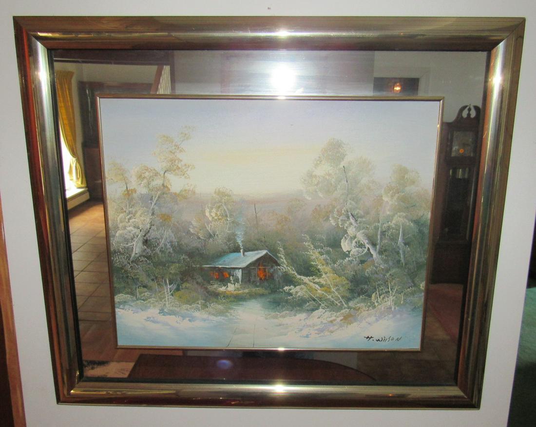 Oil on Board Painting Signed H Wilson Winter Scene: Approx 24 1/2" x 8 1/2"