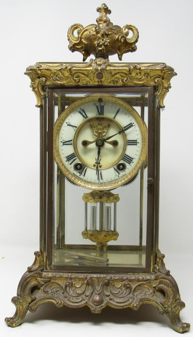 Brass Ansonia Crystal Regulator Clock: Approx 8" x 7" x 15 1/2" tall