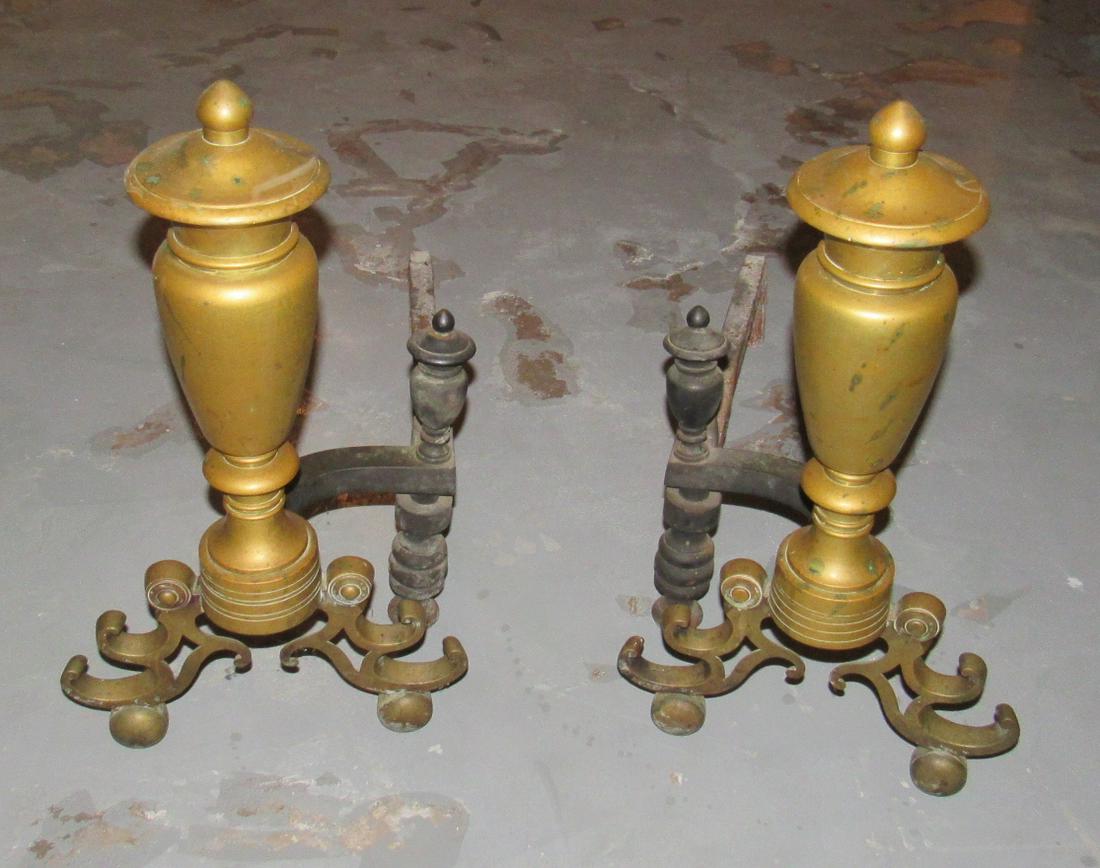 Brass Andirons: Approx 22" tall and 28" deep