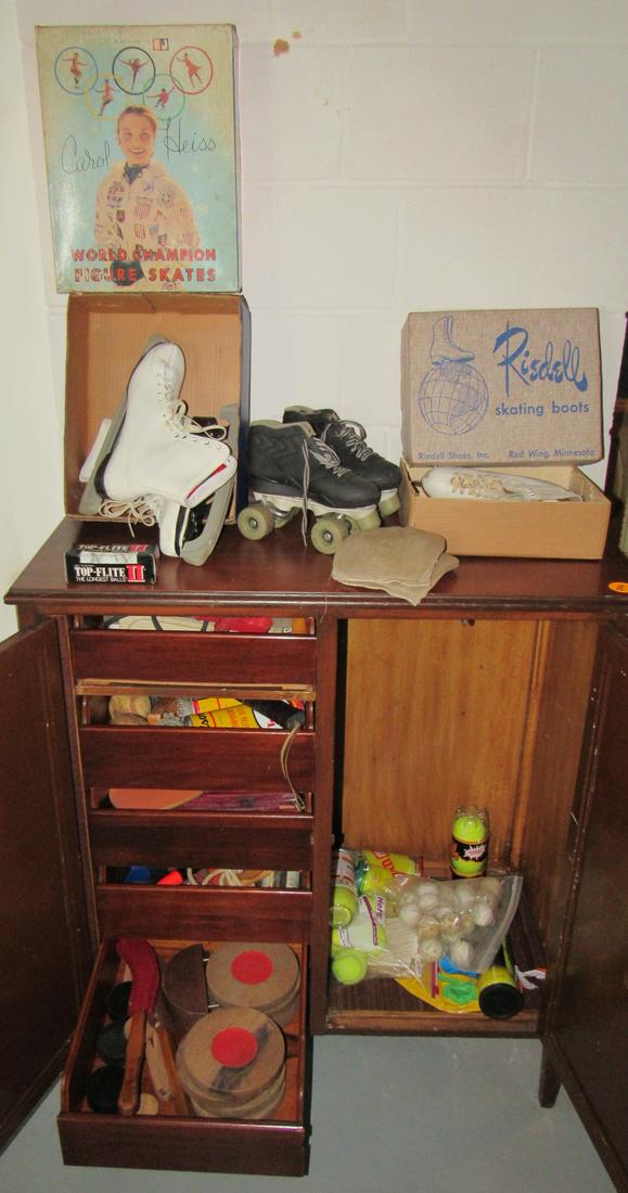 Ice Roller Skates Golf Tennis Ping Pong Balls: Lot includes all on top and in cabinet. Cabinet not included.