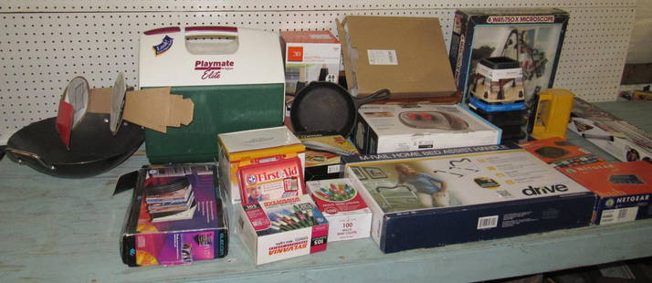 Microscope Cooler Cast Iron Pan Wok Table Contents: Lot includes all pictured on top of table. Must take all.