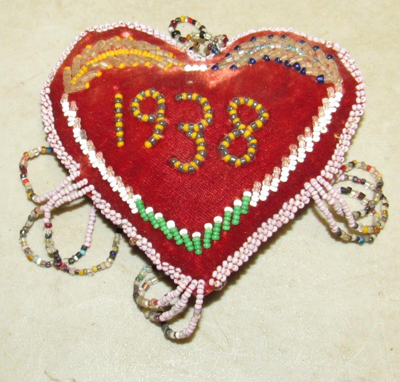 1938 Beaded Heart Pin Cushion: Approx 3 3/4" x 4 1/4"