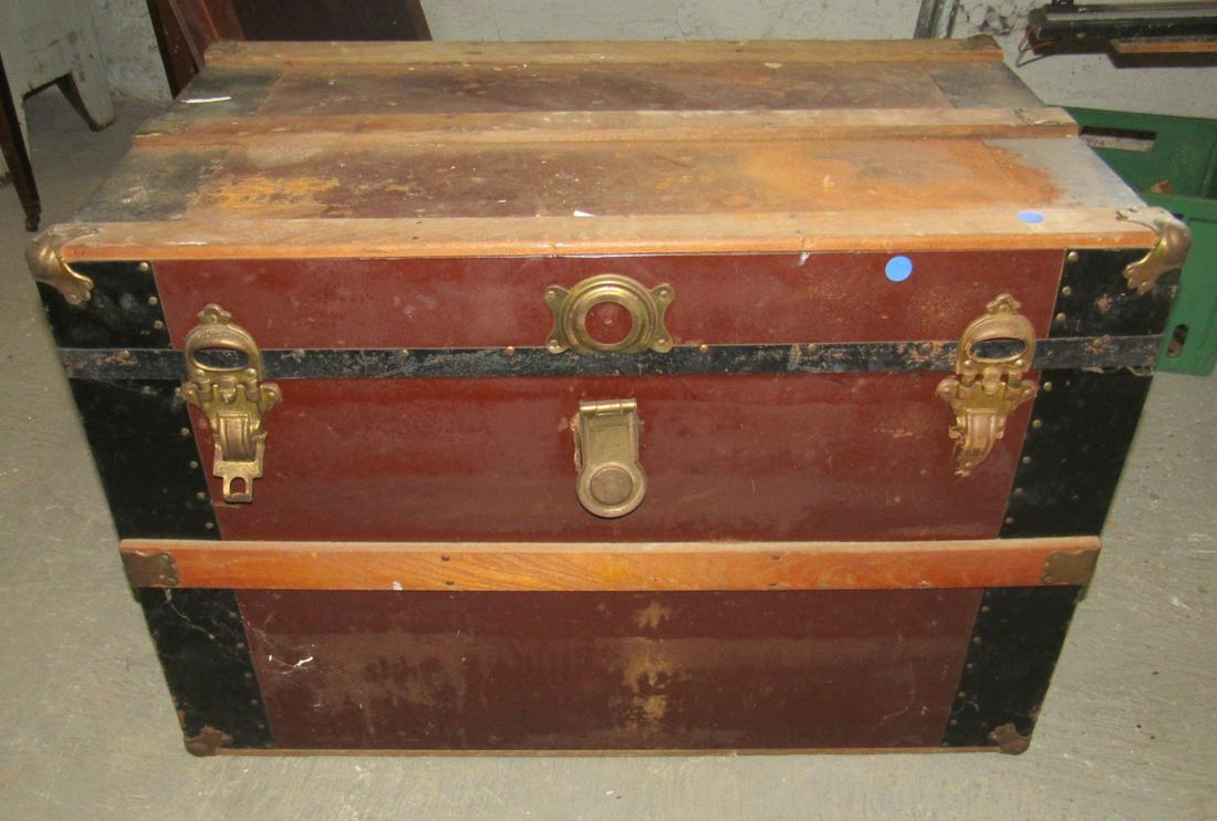 Flat Top Trunk with Tin Sides: Approx 20" x 33" x 22 1/2" tall. Includes contents. Must take all