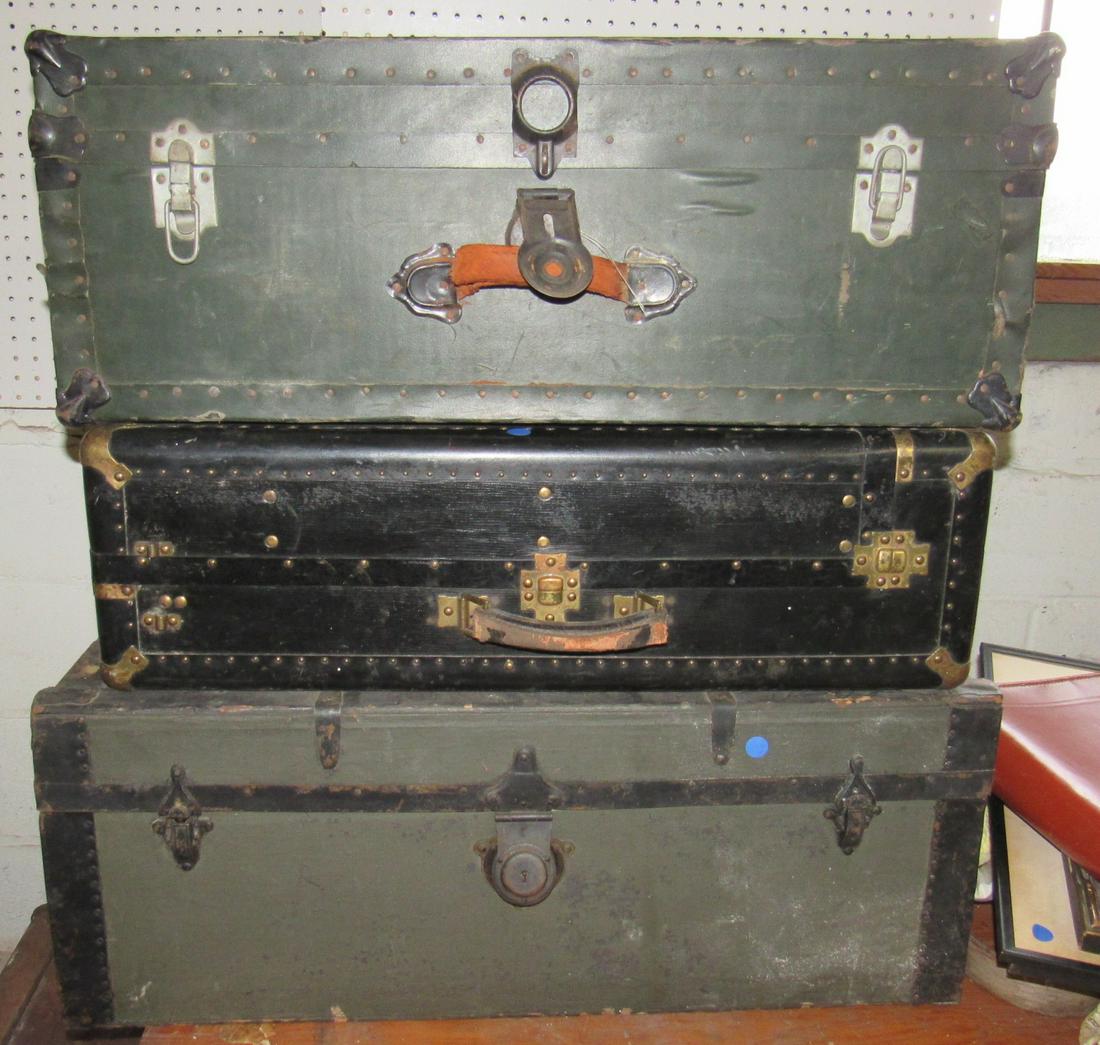 3 Trunks: Top one is approx 17" x 30" x 11 1/2" tall. Must take all. One has misc papers in it.