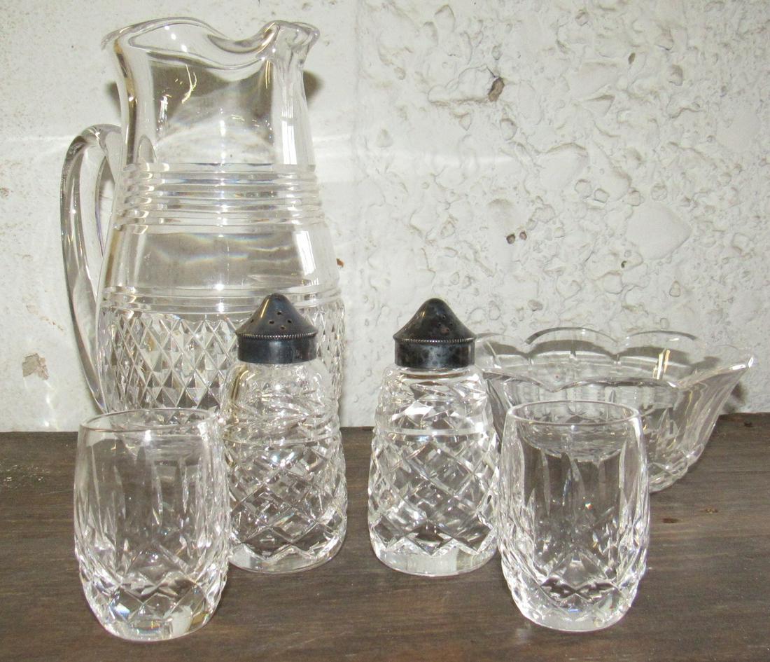 Waterford Bowl Shot Glasses Salt & Pepper Shakers: Pitcher is approx 7 1/2" tall and is NOT marked Waterford.