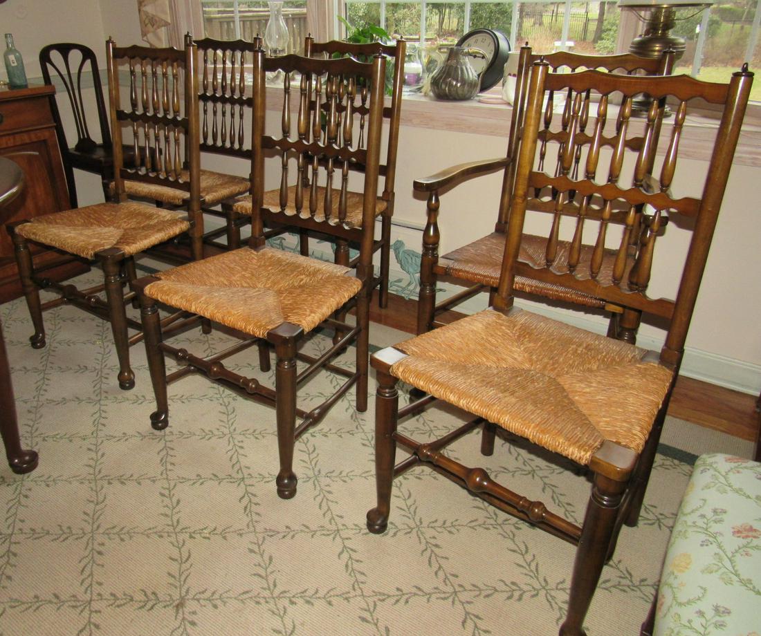 Set of 6 Dining Room Chairs w/ Rush Seats: One is an armchair