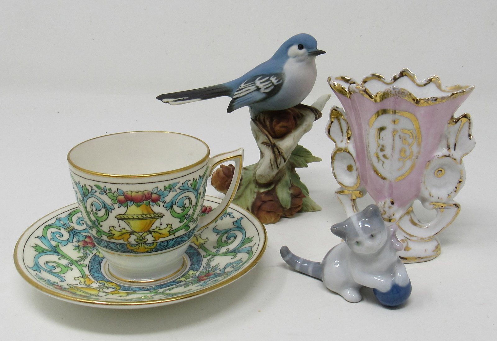 Mintons Cup and Saucer Bird Cat Figures: Getting all pictured. Bird is apprx 4" tall.