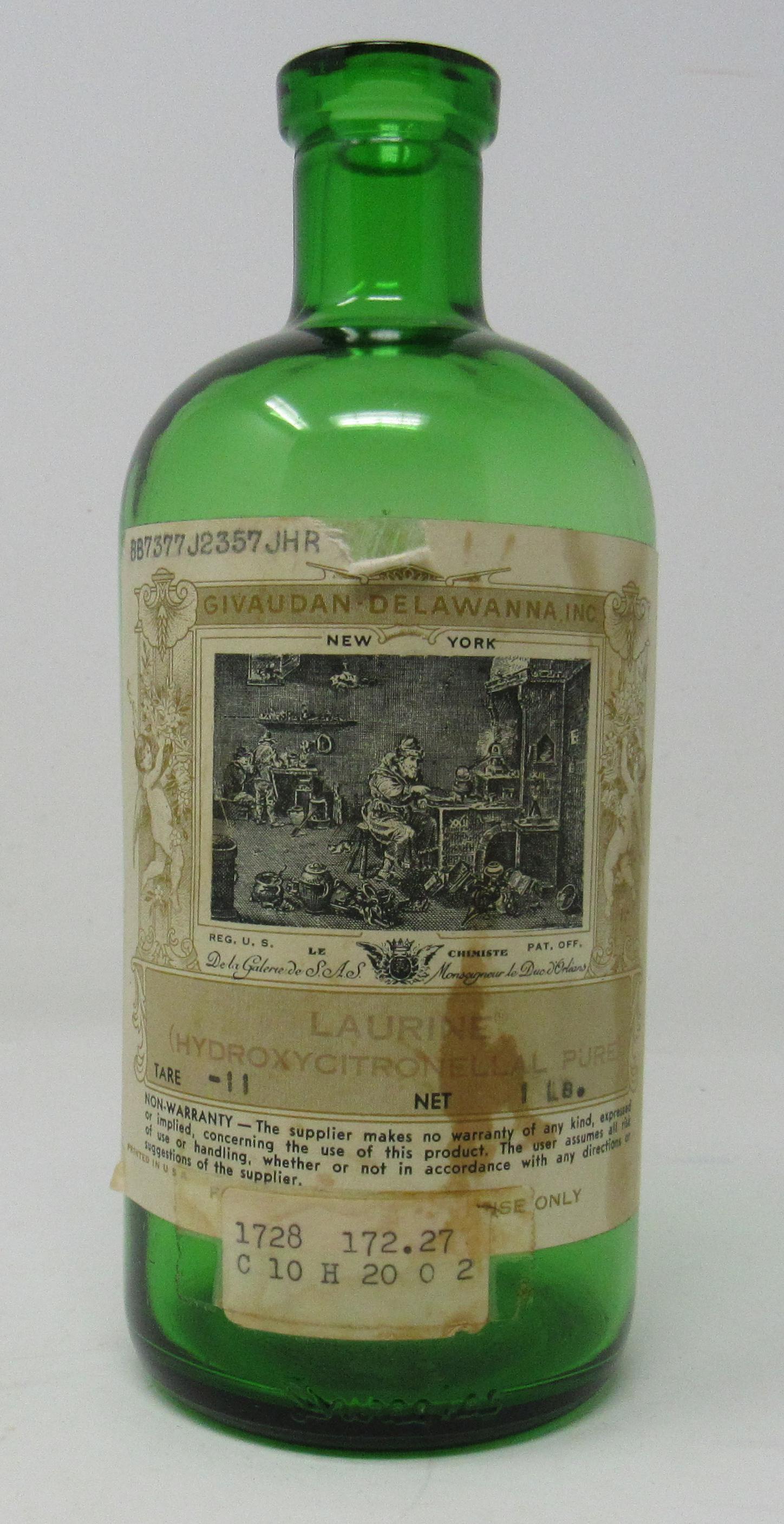 Givaudan Delawanna Laurine Hydroxycitronellal Bottle: Approx 7 1/2" tall.
