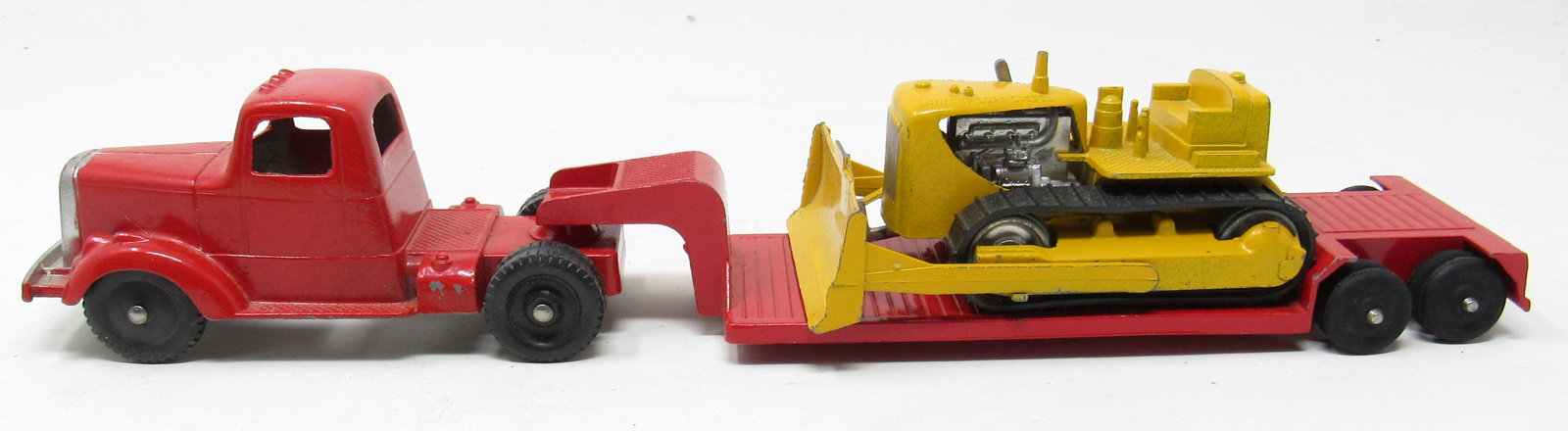 Tootsietoy Lowboy and Caterpillar Bulldozer: Lowboy is approx 11" long